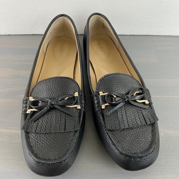 Talbots Penny Loafers Women 8M Black Pebble Leather Bow‎ Buckle Old Money Preppy - Picture 2 of 9
